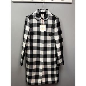 Anne Klein Plaid Midi Coat Womens size 2 Black White Peter Pan Collar Snap‎ NEW